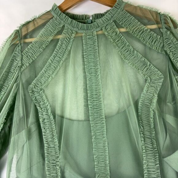 Mac Duggal 8058 Green High Neck Micro Ruffle Tiered Midi Dress Jade Sage - Picture 4 of 7